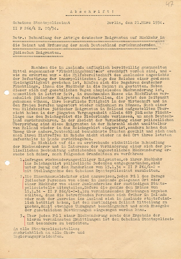 Schreiben des Geheimen Staatspolizeiamtes aus Berlin, die Behandlung der Anträge deutscher Emigranten auf Rückkehr in die Heimat und Erfassung der nach Deutschland zurückwandernden jüdischen Emigranten betreffend, 21. März 1934