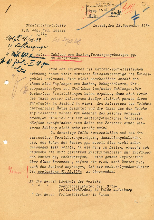 Anordnung der Staatspolizeistelle Kassel bezüglich der Zahlung von Renten, Versorgungsbezüge, etc. an Emigranten, 12. Dezember 1934