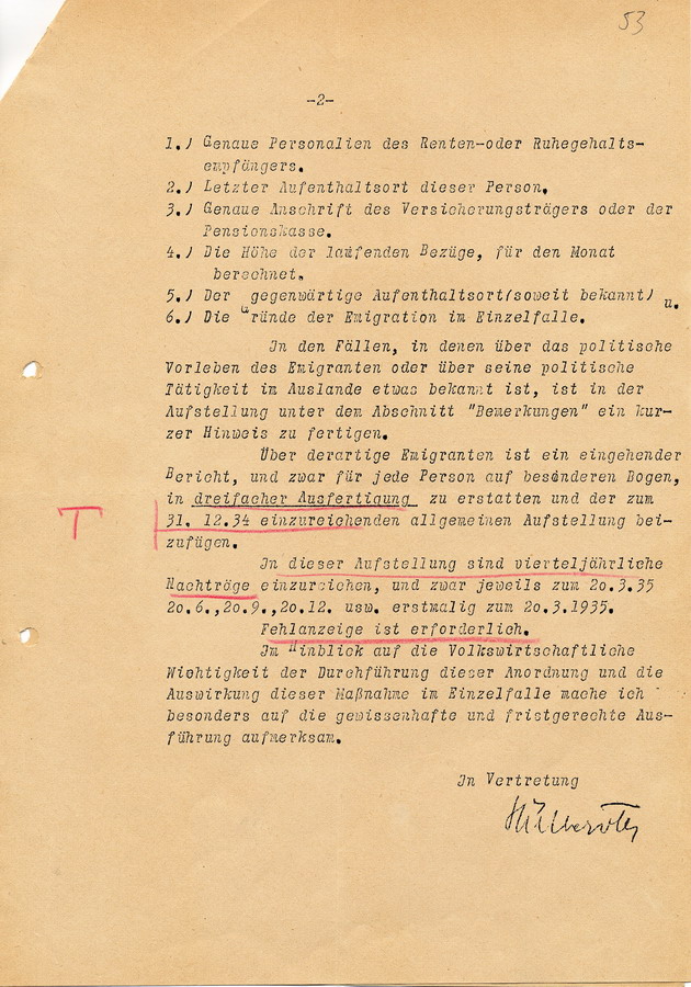 Anordnung der Staatspolizeistelle Kassel bezüglich der Zahlung von Renten, Versorgungsbezüge, etc. an Emigranten, 12. Dezember 1934