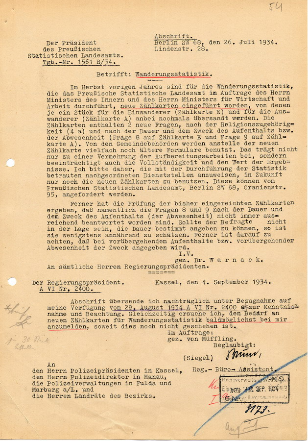 Schreiben des Präsidenten des Preußischen Statistischen Landesamtes aus Berlin an sämtliche Regierungspräsidenten die Wanderungsstatistik betreffend, 26. Juli 1934