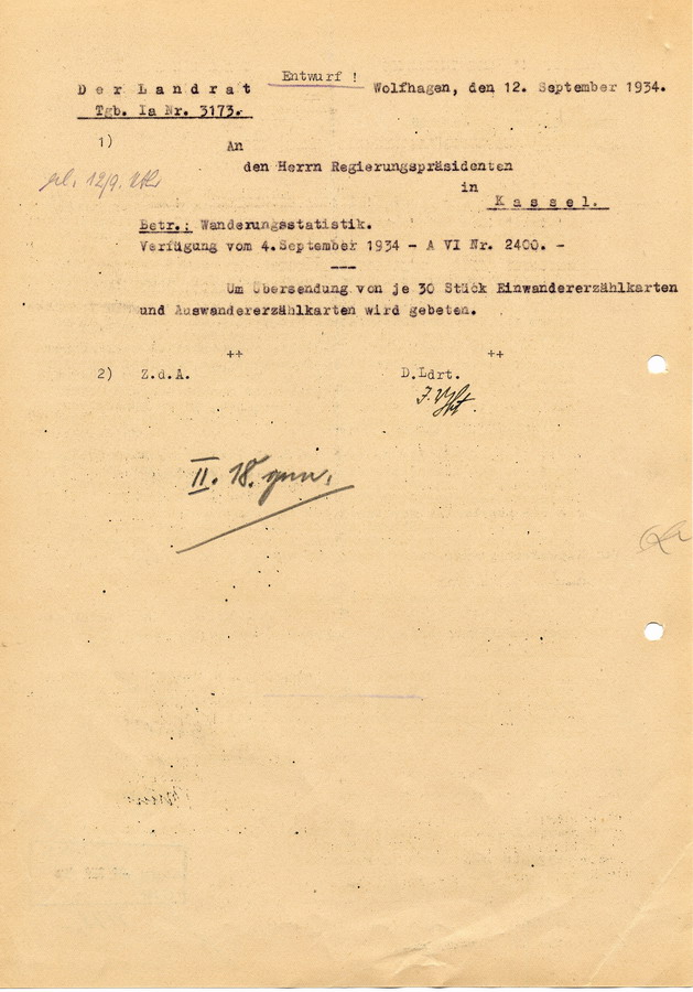 Schreiben des Präsidenten des Preußischen Statistischen Landesamtes aus Berlin an sämtliche Regierungspräsidenten die Wanderungsstatistik betreffend, 26. Juli 1934