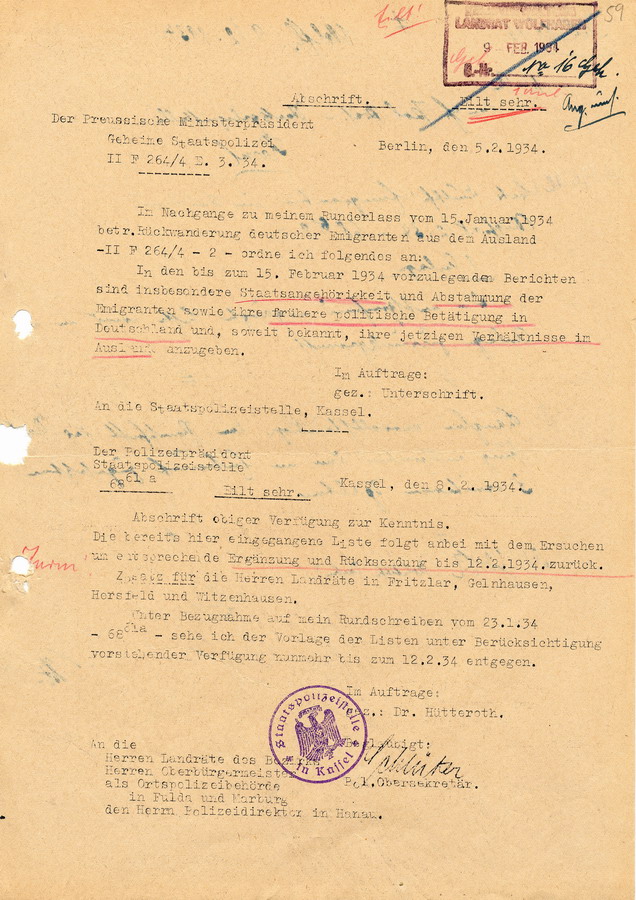 Anordnung des Preußischen Ministerpräsidenten die Rückwanderung deutscher Emigranten aus dem Ausland betreffend, 5. Februar 1934
