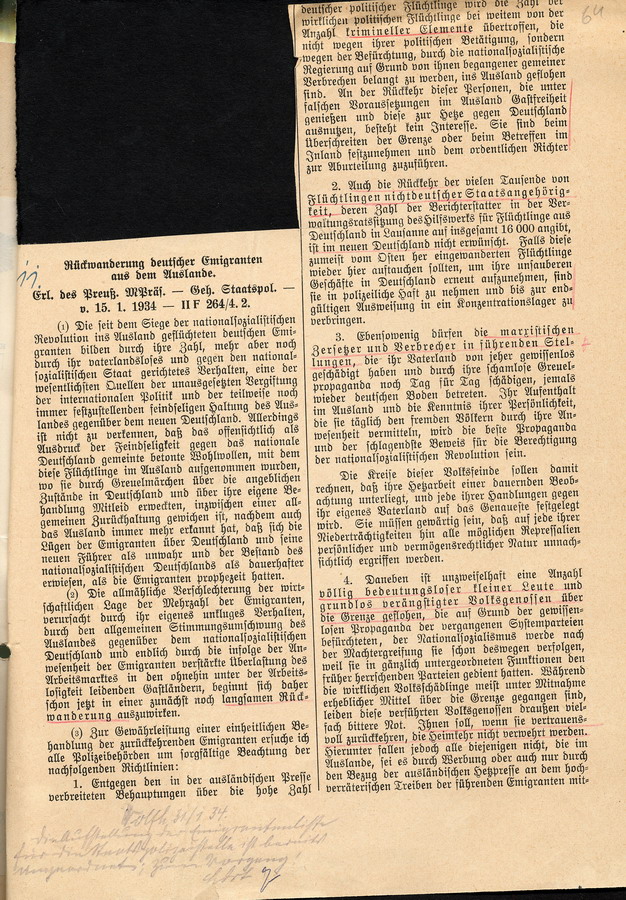 Verordnung des Preußischen Ministerpräsidenten die Rückwanderung deutscher Emigranten aus dem Ausland betreffend, 15. Januar 1934