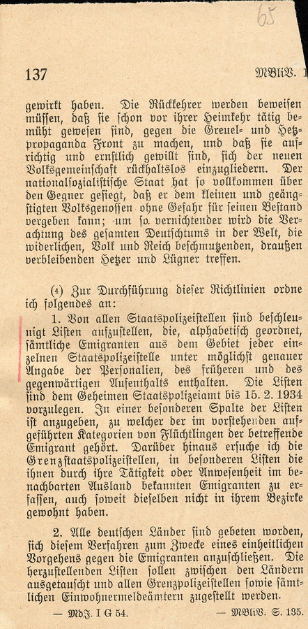 Verordnung des Preußischen Ministerpräsidenten die Rückwanderung deutscher Emigranten aus dem Ausland betreffend, 15. Januar 1934
