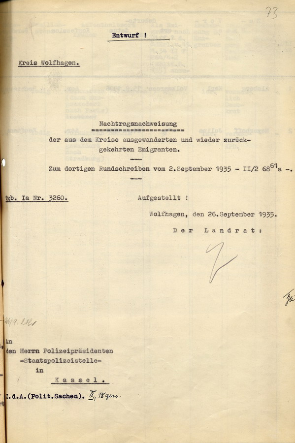 Entwurf einer Auflistung der Emigranten aus dem Kreis Wolfhagen, die wieder zurückgekehrt sind, 26. September 1935