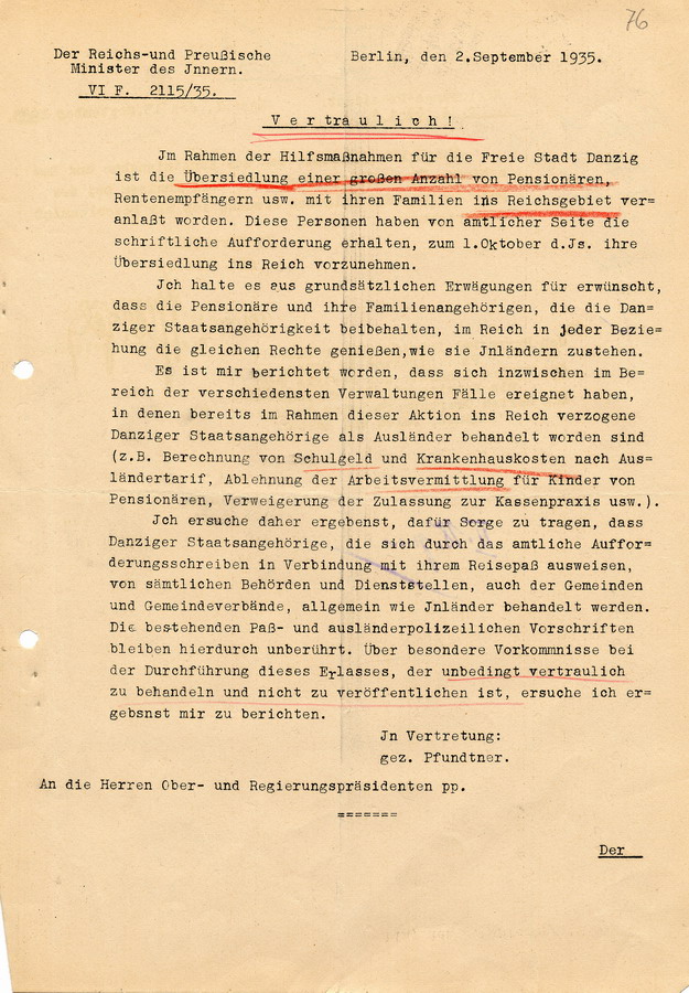 Vertrauliches Schreiben des Reichs- und Preußischen Ministers Wilhelm Frick die Übersiedlung von in Danzig lebenden Personen nach Deutschland betreffend, 2. September 1935