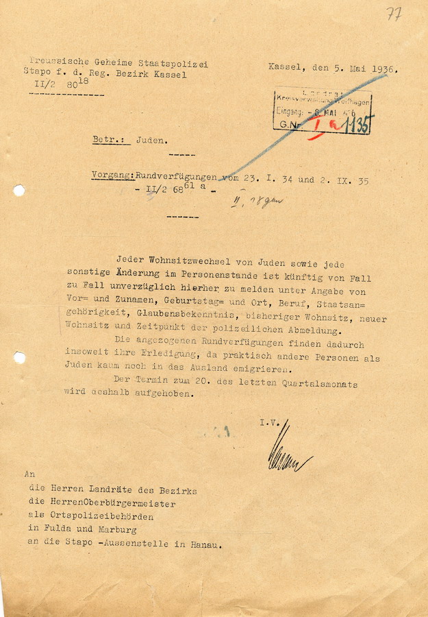 Schreiben der Preußischen Geheimen Staatspolizei die Änderungen im Personenstand von Juden betreffend, 5. Mai 1936
