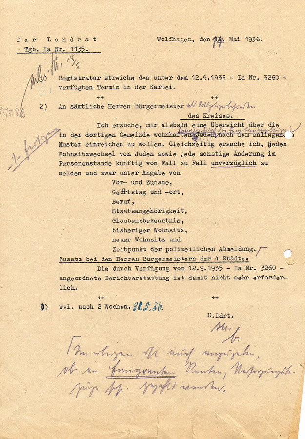 Schreiben der Preußischen Geheimen Staatspolizei die Änderungen im Personenstand von Juden betreffend, 5. Mai 1936