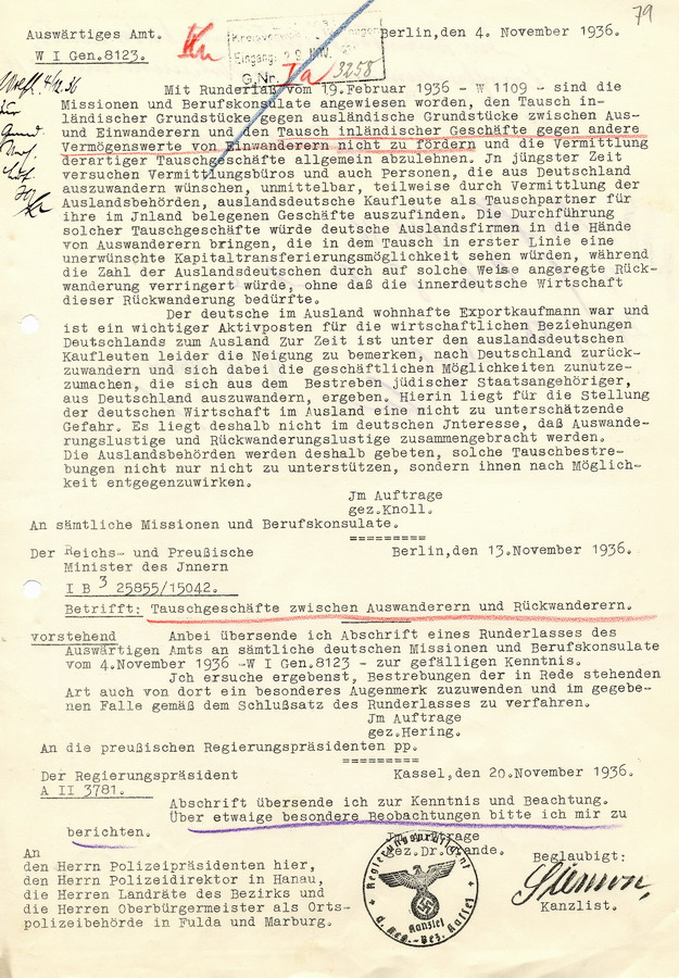 Schreiben des Auswärtigen Amtes Tauschgeschäfte zwischen Auswanderern und Rückwanderern betreffend, 4. November 1936