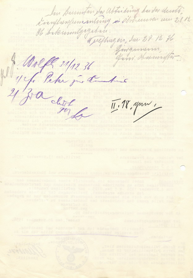 Schreiben des Auswärtigen Amtes Tauschgeschäfte zwischen Auswanderern und Rückwanderern betreffend, 4. November 1936