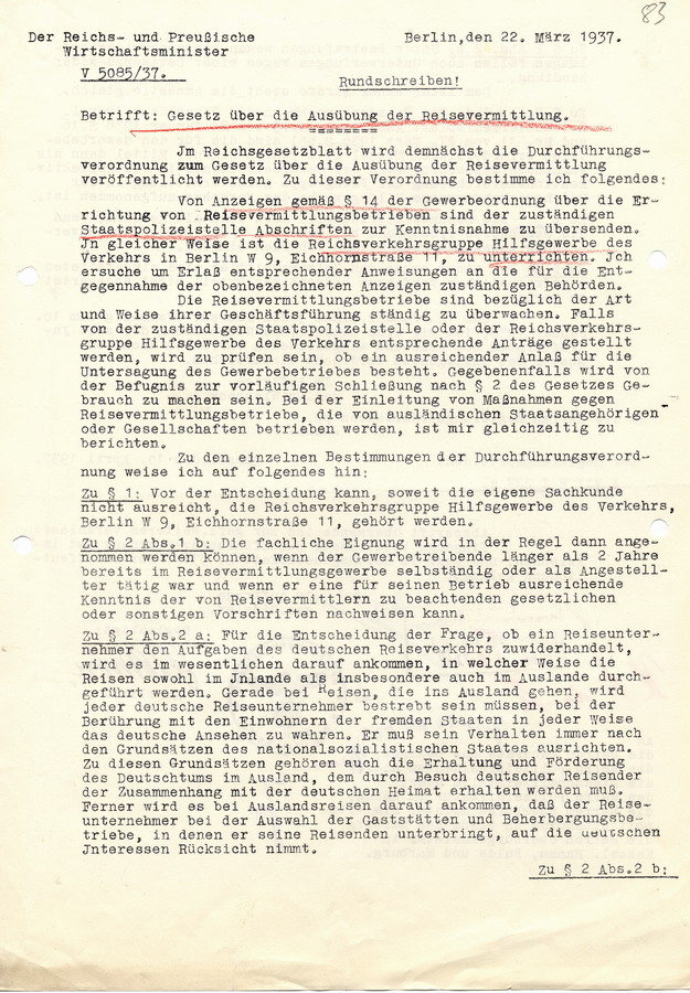 Rundschreiben des Reichs- und Preußischen Wirtschaftsministers Schacht aus Berlin das Gesetz über die Ausübung der "Reisevermittlung" betreffend, 22. März 1937