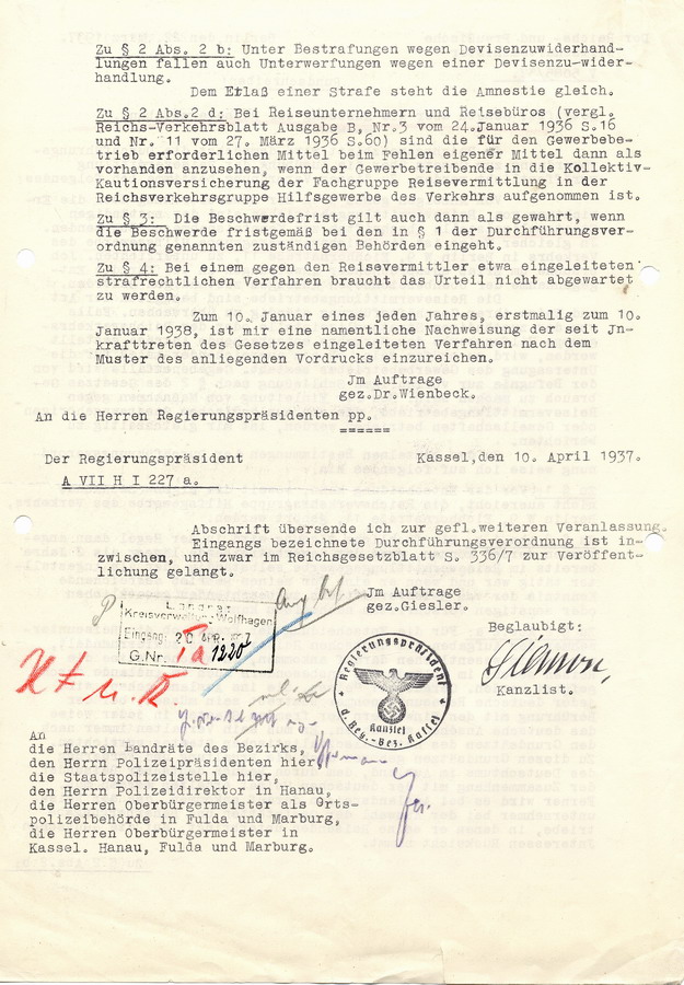 Rundschreiben des Reichs- und Preußischen Wirtschaftsministers Schacht aus Berlin das Gesetz über die Ausübung der "Reisevermittlung" betreffend, 22. März 1937