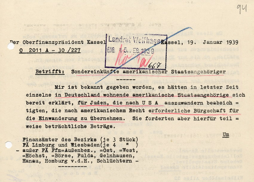 Der Oberfinanzpräsident aus Kassel die Sondereinkünfte amerikanischer Staatsangehöriger betreffend, 19. Januar 1939