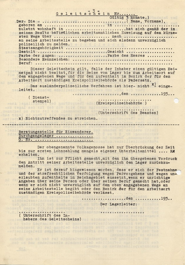 Ein Schnellbrief des Reichsführers SS, Heinrich Himmler, die Paß- und ausländerpolizeiliche Behandlung "volksdeutscher" Flüchtlinge in den Flüchtlingslagern an der deutsch-polnischen Grenze betreffend, 19. April 1939