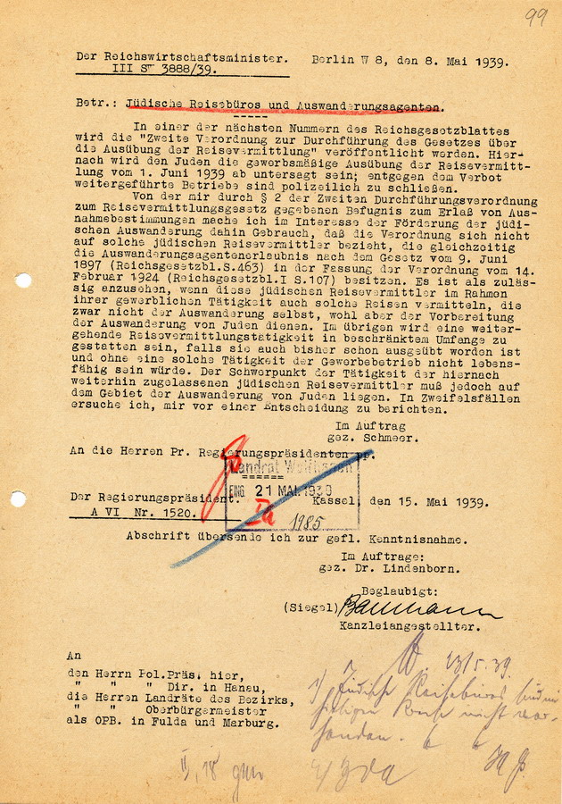 Schreiben des Reichswirtschaftsministers Walter Funk jüdische "Reisebüros" und Auswanderungsagenten betreffend, 8. Mai 1939