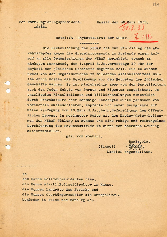 Schreiben des kommissarischen Regierungspräsidenten von Monbart in Kassel an Landräte, Bürgermeister und Polizei. Informationen über den Boykottaufruf der NSDAP, 31. März 1933