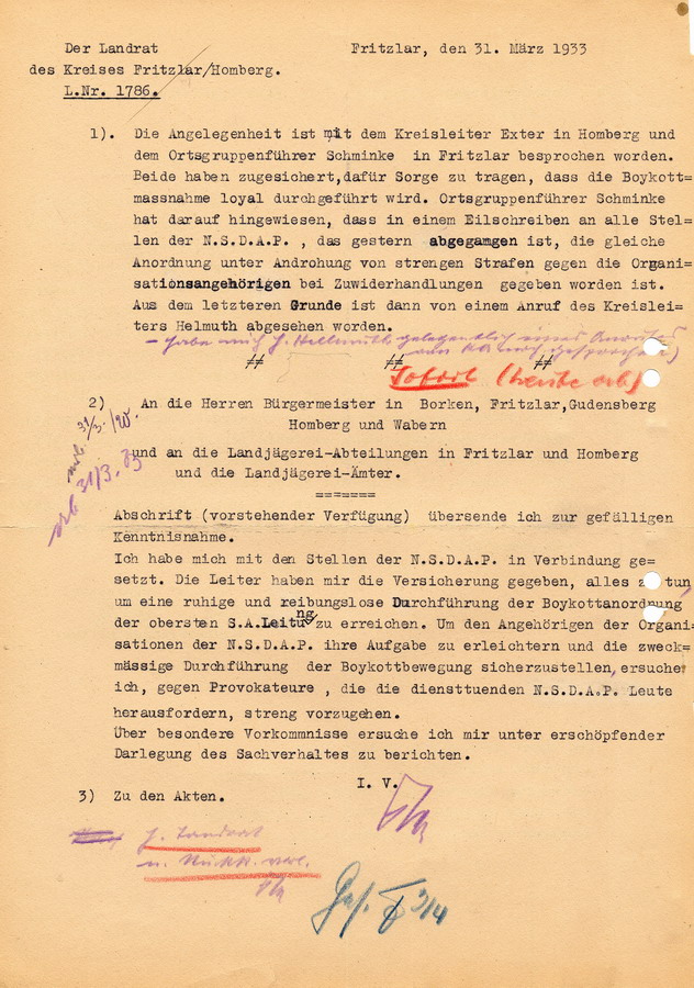 Schreiben des kommissarischen Regierungspräsidenten von Monbart in Kassel an Landräte, Bürgermeister und Polizei. Informationen über den Boykottaufruf der NSDAP, 31. März 1933
