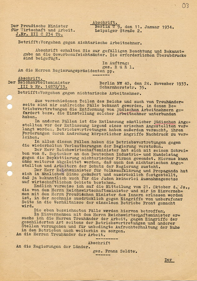 Weiterleitung des Schreibens des preußischen Ministers für Wirtschaft und Arbeit Franz Sedte vom 24. November 1933 an die Regierungpräsidenten. Verhalten gegenüber "nichtarischen Arbeitnehmern" wird kritisiert, 11. Januar 1934
