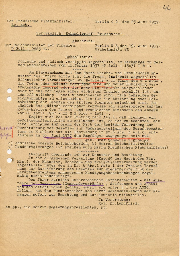Vertraulicher Schnellbrief des Preußischen Finanzministers an die Regierungspräsidenten. In den Ruhestand versetzte jüdische Beamte sollen wie aktive aus dem öffentlichen Dienst ausscheiden, 25. Juni 1937
