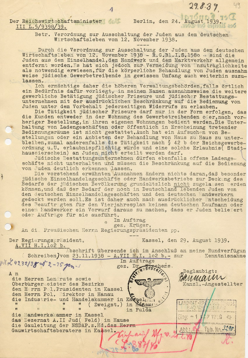 Verfügung des Reichswirtschaftsministers betreffend Genehmigung der weiteren Betätigung jüdischer Friseure und Bestattungsunternehmer, 24. August 1939.