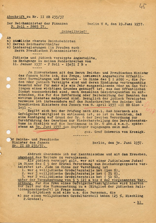 Schnellbrief des Reichsministers der Finanzen Graf Schwerin von Krosigk an die Regierungspräsidenten. In den Ruhestand versetzte jüdische Beamte sollen wie aktive aus dem öffentlichen Dienst ausscheiden, 19. Juni 1937