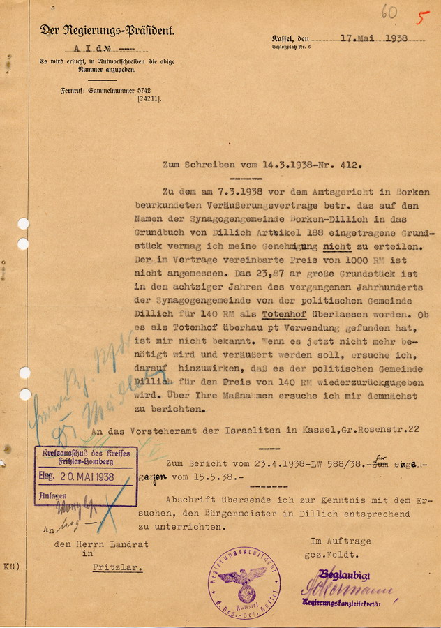 Anwort des Regierungspräsidenten in Kassel auf das Schreiben vom 14.03.1938 an das Vorsteheramt der Israeliten in Kassel. Verkauf des Grundstücks der Synagogengemeinde Borken-Dillich, 17. Mai 1938