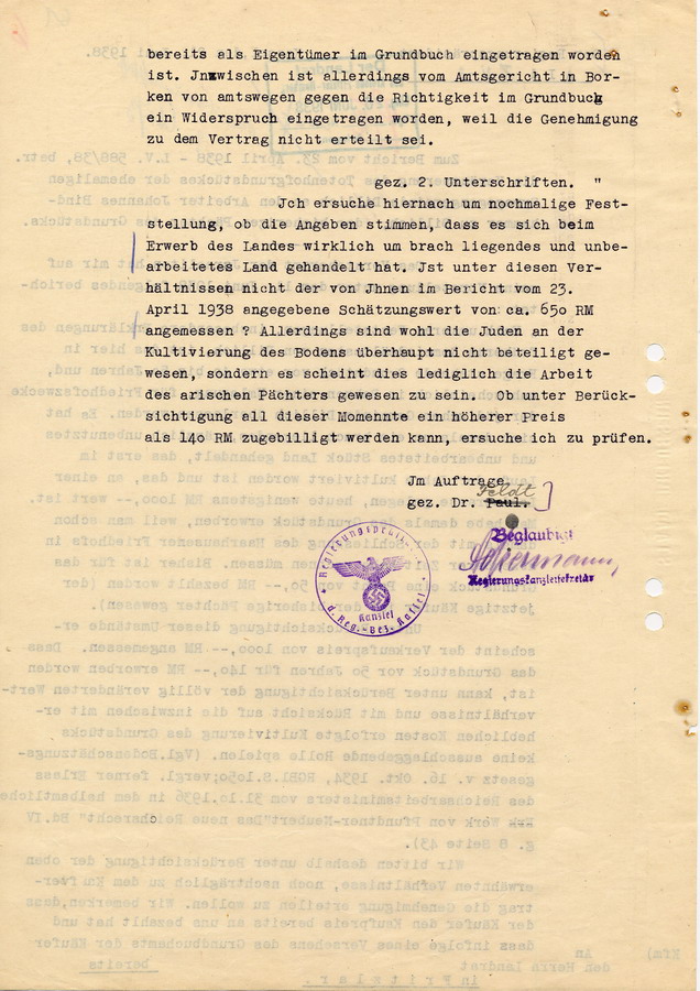 Mitteilung des Regierungspräsidenten in Kassel an den Landrat in Fritzlar. Erläuterungen des Vorsteheramts der israelitischen Gemeinde zum Preis des Grundstücks der Synagogengemeinde Borken-Dillich, 21. Juni 1938