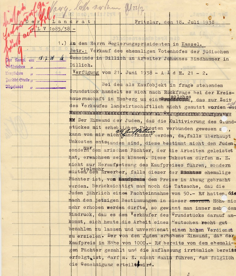 Schreiben des Landrats in Fritzlar an den Regierungspräsidenten in Kassel. Verkauf des Totenhofs der jüdischen Gemeinde Borken-Dillich, Ablehnung des Verkaufs, 18. Juli 1938