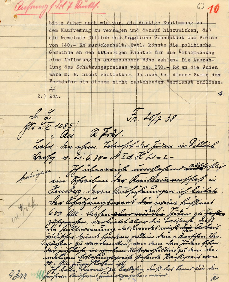 Schreiben des Landrats in Fritzlar an den Regierungspräsidenten in Kassel. Verkauf des Totenhofs der jüdischen Gemeinde Borken-Dillich, Ablehnung des Verkaufs, 18. Juli 1938