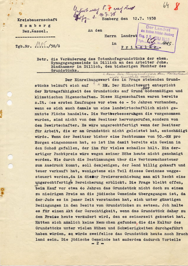 Schreiben der Kreisbauernschaft Homberg an den Landrat in Fritzlar. Votum gegen einen höheren Preis beim Verkauf des Totenhofs der jüdischen Gemeinde Borken-Dillich, 12. Juli 1938