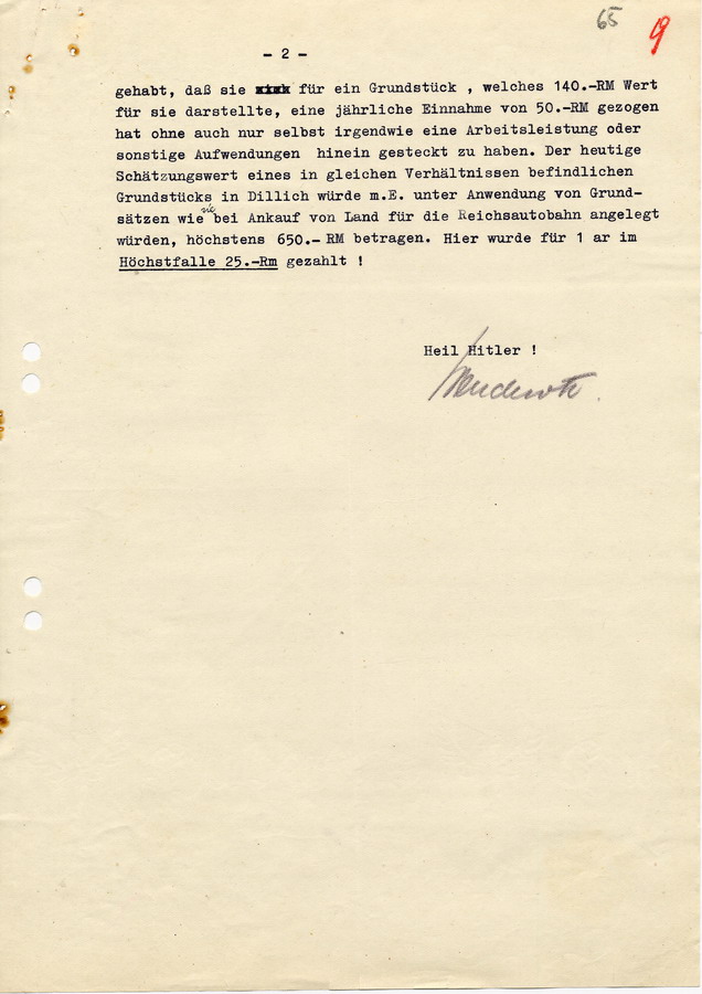 Schreiben der Kreisbauernschaft Homberg an den Landrat in Fritzlar. Votum gegen einen höheren Preis beim Verkauf des Totenhofs der jüdischen Gemeinde Borken-Dillich, 12. Juli 1938