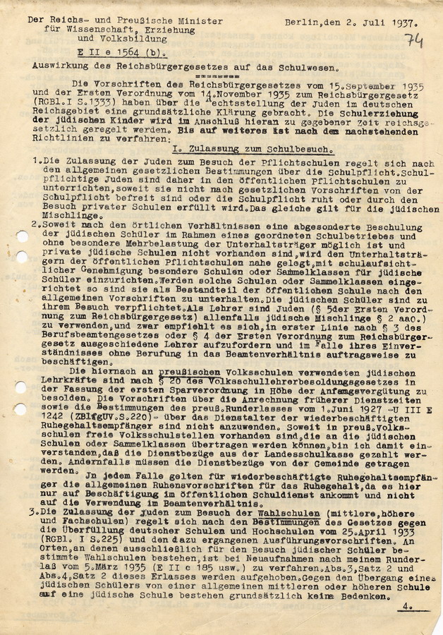 Schreiben des Reichs- und Preußischen Ministers für Wissenschaft, Erziehung und Volksbildung an die Regierungspräsidenten. Handlungsanweisungen und Informationen über Schulbesuch von Juden, 2. Juli 1938