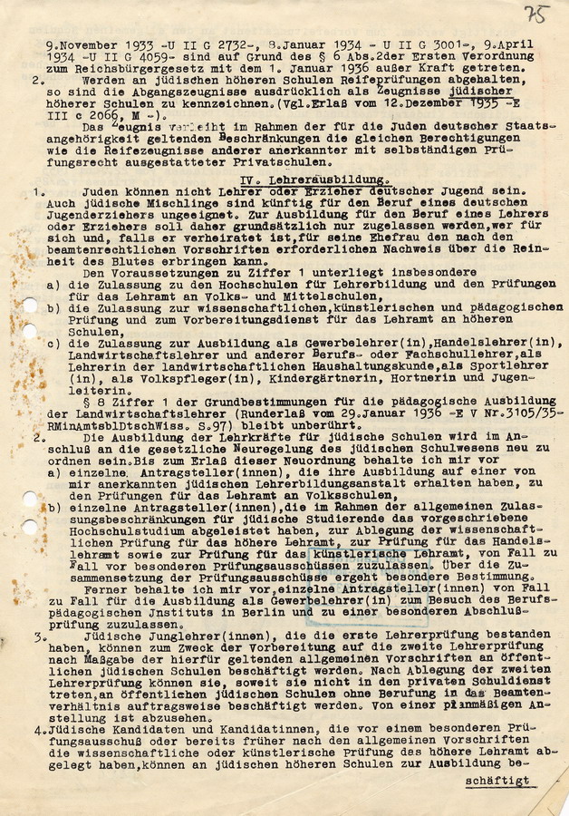 Schreiben des Reichs- und Preußischen Ministers für Wissenschaft, Erziehung und Volksbildung an die Regierungspräsidenten. Handlungsanweisungen und Informationen über Schulbesuch von Juden, 2. Juli 1938