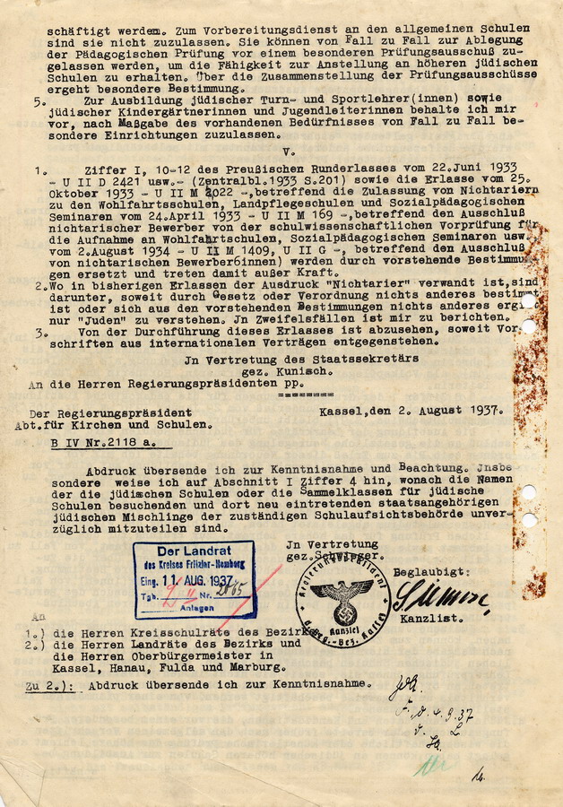 Schreiben des Reichs- und Preußischen Ministers für Wissenschaft, Erziehung und Volksbildung an die Regierungspräsidenten. Handlungsanweisungen und Informationen über Schulbesuch von Juden, 2. Juli 1938