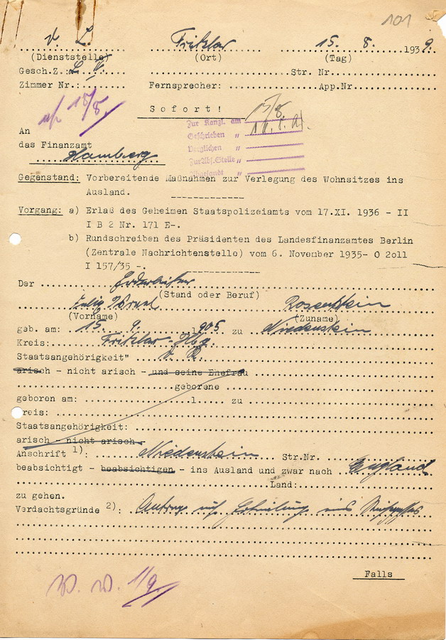 Antrag von Felix Rosenstein an das Finanzamt in Homberg. Rosenstein möchte nach England auswandern, 15. August 1939