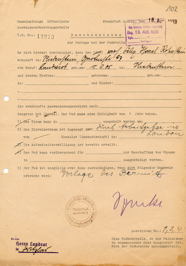Bescheinigung der gemeinnützigen öffentlichen Auswandererberatungsstelle an den Landrat in Fritzlar. Rosenstein wird nach Prüfung ein Reisevisum gewährt, 18. August 1939