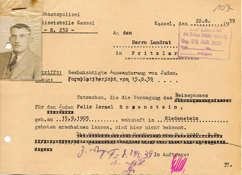 Schreiben der GeStaPo Kassel an den Landrat in Fritzlar. Rosenstein darf einen Reisepass bekommen, 22. August 1939