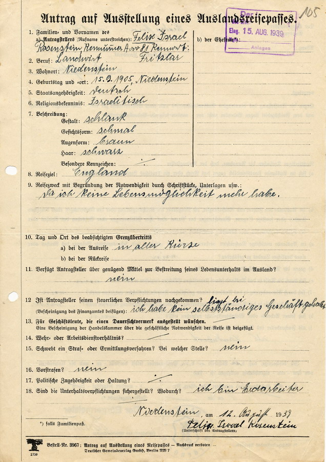 Antrag auf von Felix Rosenstein auf Ausstellung eines Auslandreisepasses an den Bürgermeister in Niedenstein, 15. August 1939