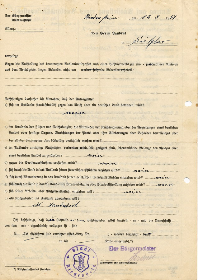 Antrag auf von Felix Rosenstein auf Ausstellung eines Auslandreisepasses an den Bürgermeister in Niedenstein, 15. August 1939