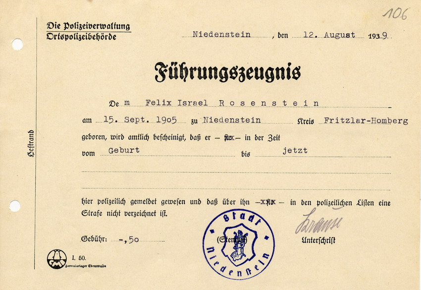 Bescheinigung der Polizei in Niedenstein an den Landrat in Fritzlar. Rosenstein war von Geburt angemeldet und hat keine Vorstrafen, 12. August 1939