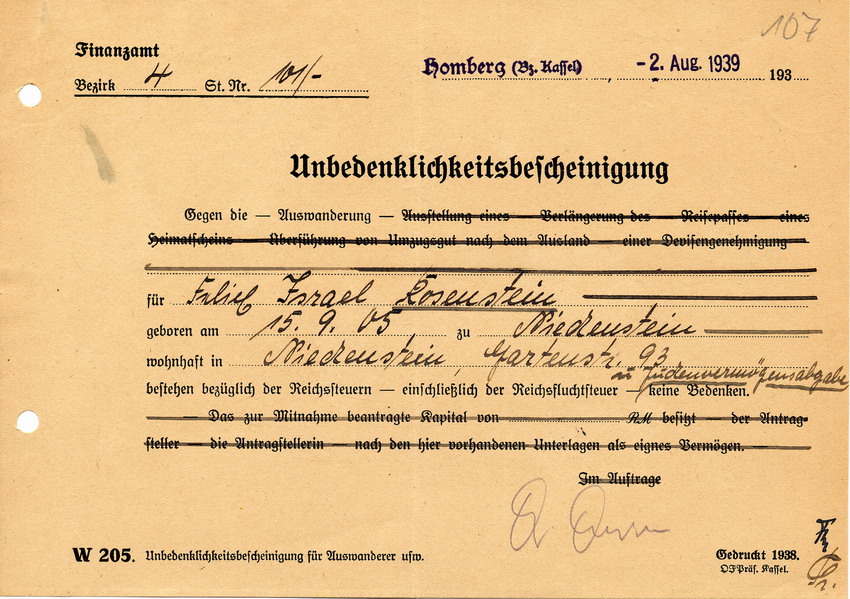 Bescheinigung des Finanzamts in Homberg an den Landrat in Fritzlar. Es bestehen keine übrigen fiskalischen Ansprüche an Rosenstein, 2. August 1939