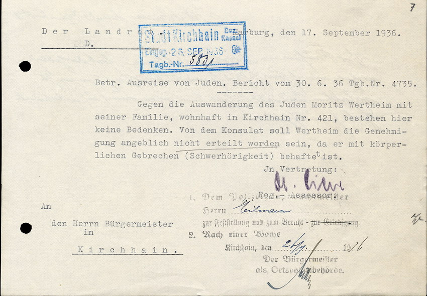Brief des Landrats an den Bürgermeister in Kirchhain, betreffend die Ausreise des jüdischen Bürgers Moritz Wertheim, vom 17. September 1936
