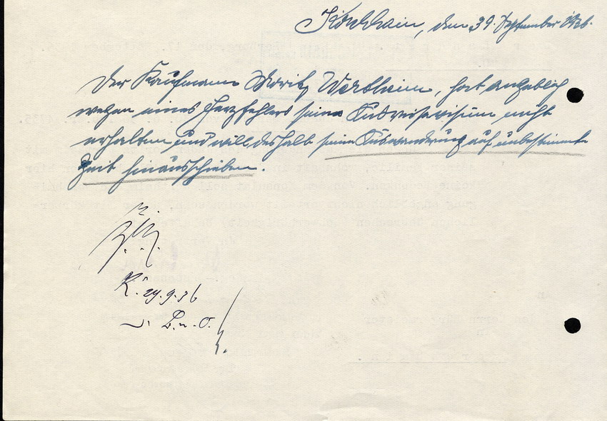Brief des Landrats an den Bürgermeister in Kirchhain, betreffend die Ausreise des jüdischen Bürgers Moritz Wertheim, vom 17. September 1936