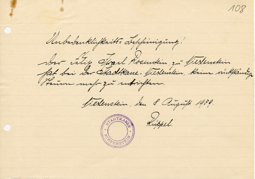 Bescheinigung der Stadtkasse Niedenstein an den Landrat in Fritzlar. Rosenstein hat alle Steuern gezahlt, eine Auswanderung ist "unbedenklich", 8. August 1939