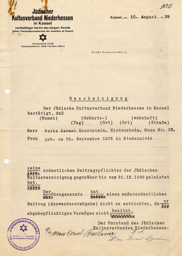 Bescheinigung des Jüdischen Kultusverbands Niederhessen an den Landrat in Fritzlar. Rosenstein hat kein Vermögen und muss keine weitere Ausgabe entrichten, 10. August 1939