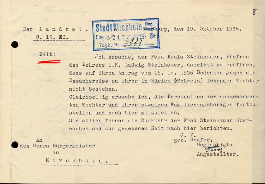 Brief des Landrats an den Bürgermeister in Kirchhain, betreffend eine Besuchsreise der Paula Steinhauer in die Schweiz, 19.Oktober 1936