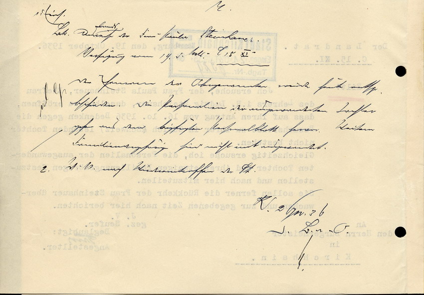 Brief des Landrats an den Bürgermeister in Kirchhain, betreffend eine Besuchsreise der Paula Steinhauer in die Schweiz, 19.Oktober 1936