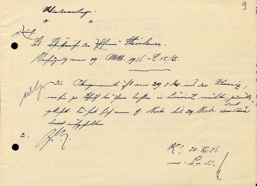 Brief des Landrats an den Bürgermeister in Kirchhain, betreffend eine Besuchsreise der Paula Steinhauer in die Schweiz, 19.Oktober 1936