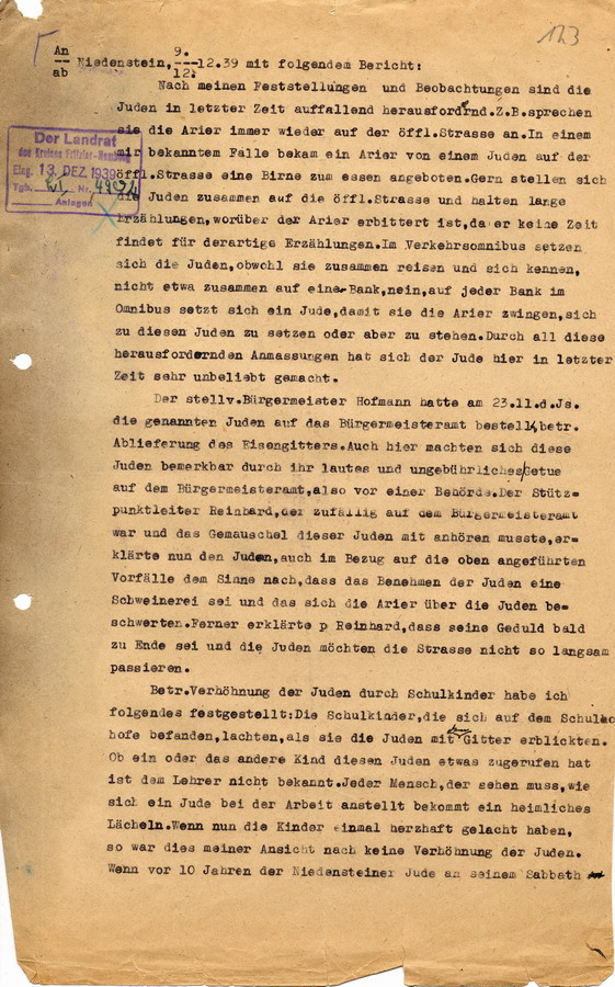 Bericht von Gendarmerie-Meister Rehahn an den Landrat in Fritzlar. Darin Beschwerden über "ausfallend herausfordernd[e]" Juden, welche Eskalationen provozieren würden, 12. Dezember 1939