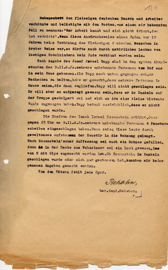 Bericht von Gendarmerie-Meister Rehahn an den Landrat in Fritzlar. Darin Beschwerden über "ausfallend herausfordernd[e]" Juden, welche Eskalationen provozieren würden, 12. Dezember 1939